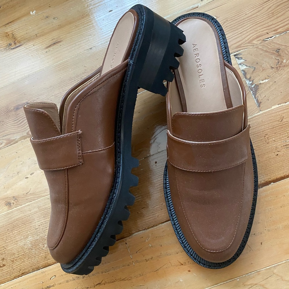 Brown aerosoles slip on mules